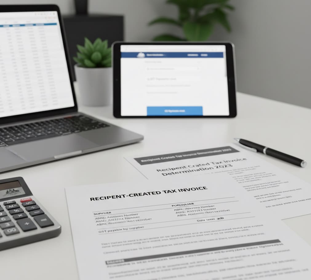 Laptop on desk with Recipient-Created Tax Invoices (RCTIs) paperwork, highlighting GST compliance for BAS reporting